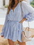 Sky Blue Pleated Ruffled V Neck Romper with Tie Waist Detail and Button Front