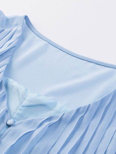 Sky Blue Pleated Ruffled V Neck Romper with Tie Waist Detail and Button Front