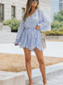 Sky Blue Pleated Ruffled V Neck Romper with Tie Waist Detail and Button Front