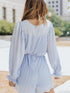 Sky Blue Pleated Ruffled V Neck Romper with Tie Waist Detail and Button Front