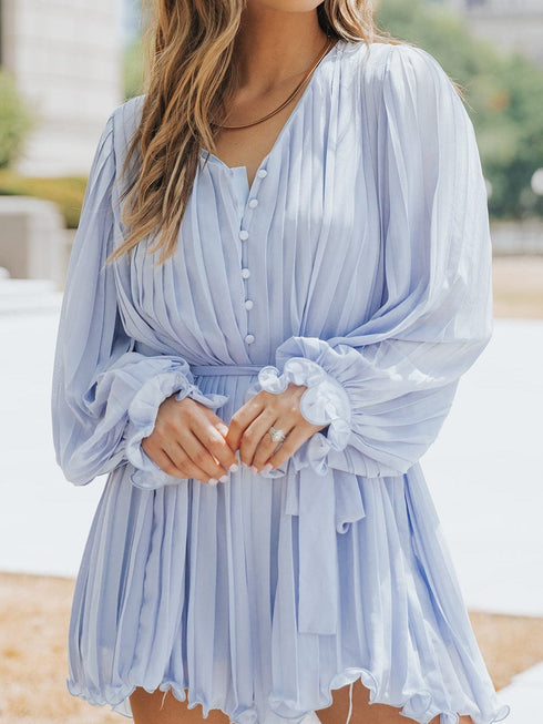 Sky Blue Pleated Ruffled V Neck Romper with Tie Waist Detail and Button Front