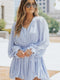 Sky Blue Pleated Ruffled V Neck Romper with Tie Waist Detail and Button Front