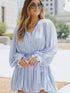 Sky Blue Pleated Ruffled V Neck Romper with Tie Waist Detail and Button Front