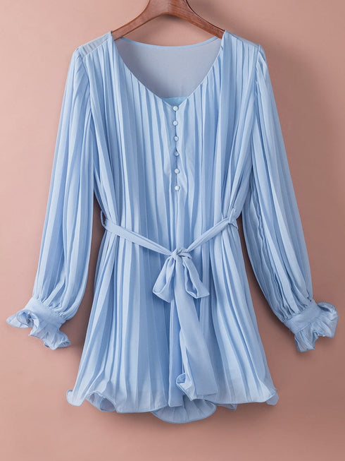 Sky Blue Pleated Ruffled V Neck Romper with Tie Waist Detail and Button Front