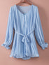 Sky Blue Pleated Ruffled V Neck Romper with Tie Waist Detail and Button Front