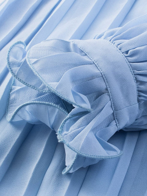 Sky Blue Pleated Ruffled V Neck Romper with Tie Waist Detail and Button Front