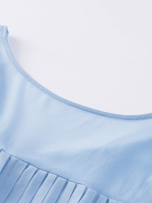 Sky Blue Pleated Ruffled V Neck Romper with Tie Waist Detail and Button Front