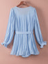 Sky Blue Pleated Ruffled V Neck Romper with Tie Waist Detail and Button Front