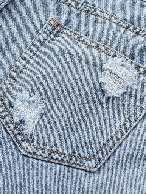 Sky Blue Rhinestone Tassel Distressed Denim Shorts