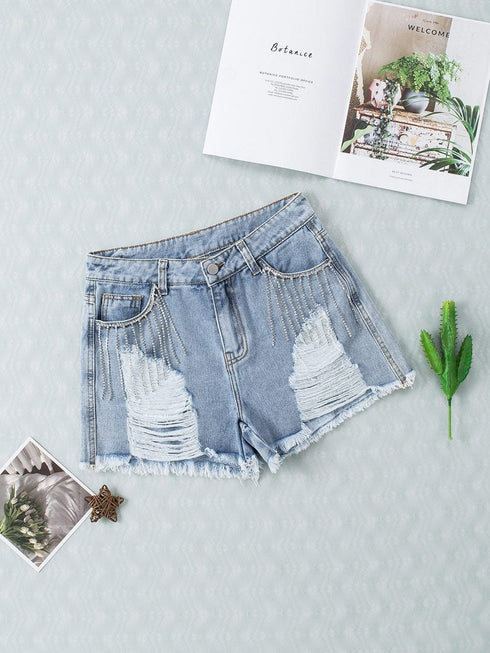 Sky Blue Rhinestone Tassel Distressed Denim Shorts