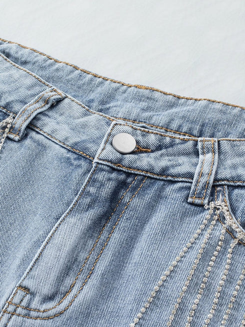 Sky Blue Rhinestone Tassel Distressed Denim Shorts