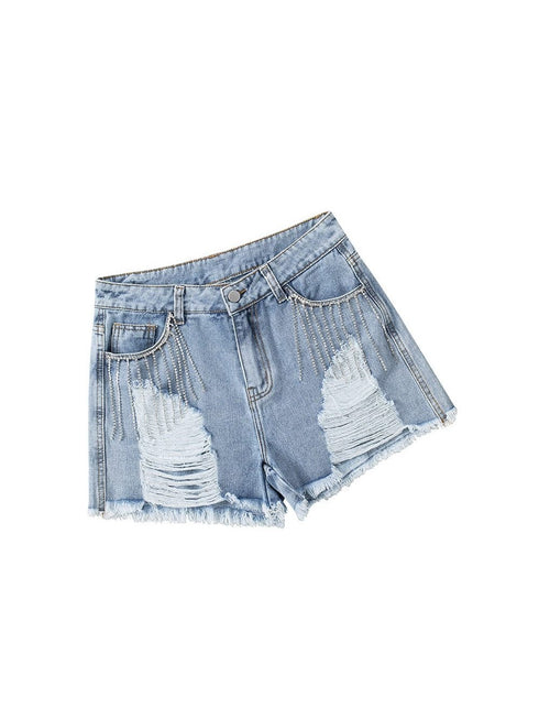 Sky Blue Rhinestone Tassel Distressed Denim Shorts