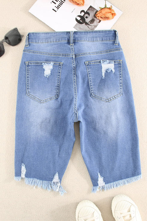 Sky Blue Ripped Tassel Bermuda Denim Shorts