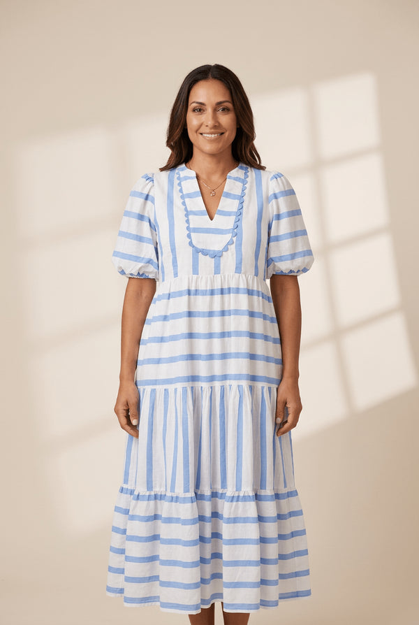 Women's Sky Blue Striped Ricrac Trim Midi Dress with Puff Sleeves