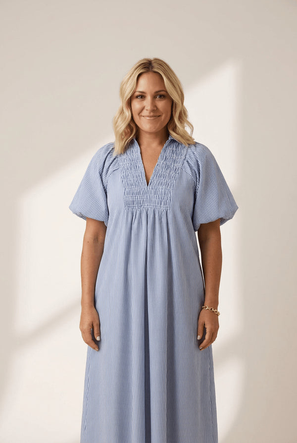 Women's Sky Blue Striped V-Neck Shirred Midi Dress