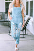 Sky Blue Vintage Distressed Denim Overalls with Buckle Straps
