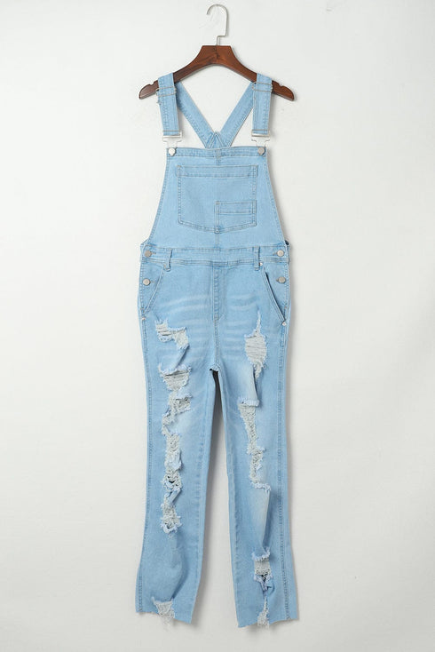 Sky Blue Vintage Distressed Denim Overalls with Buckle Straps