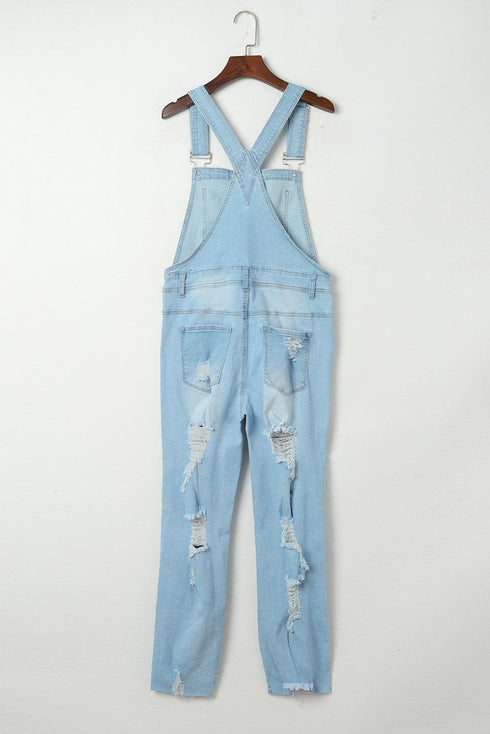 Sky Blue Vintage Distressed Denim Overalls with Buckle Straps