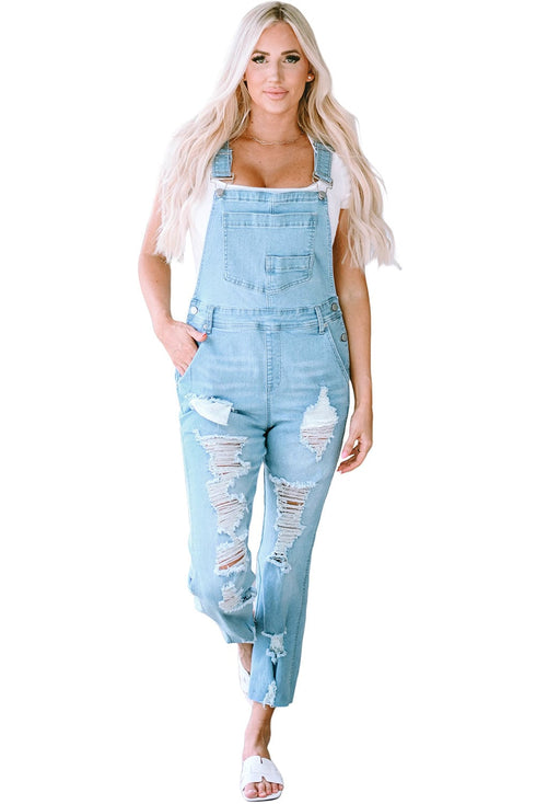 Sky Blue Vintage Distressed Denim Overalls with Buckle Straps