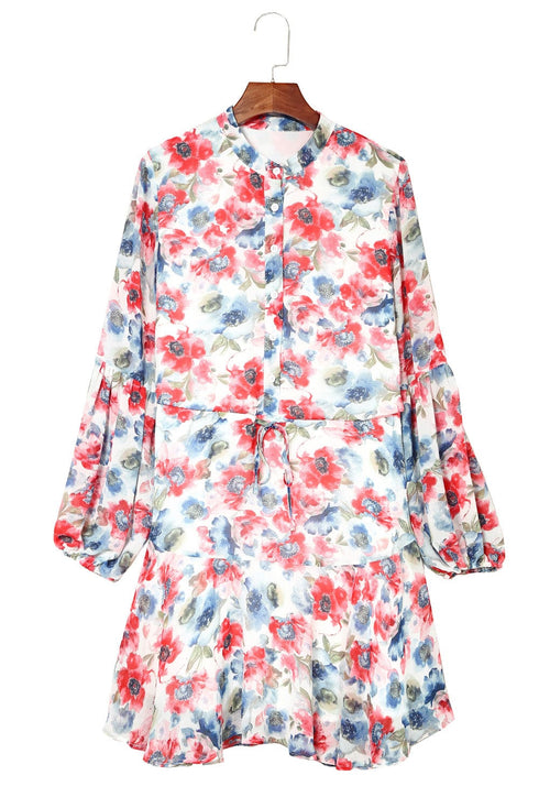 Sky Blue Vintage Floral Print Drawstring Flowy Mini Dress