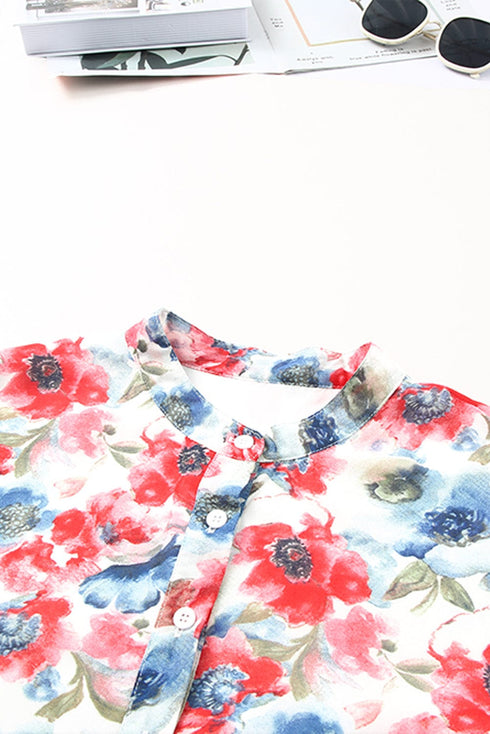 Sky Blue Vintage Floral Print Drawstring Flowy Mini Dress