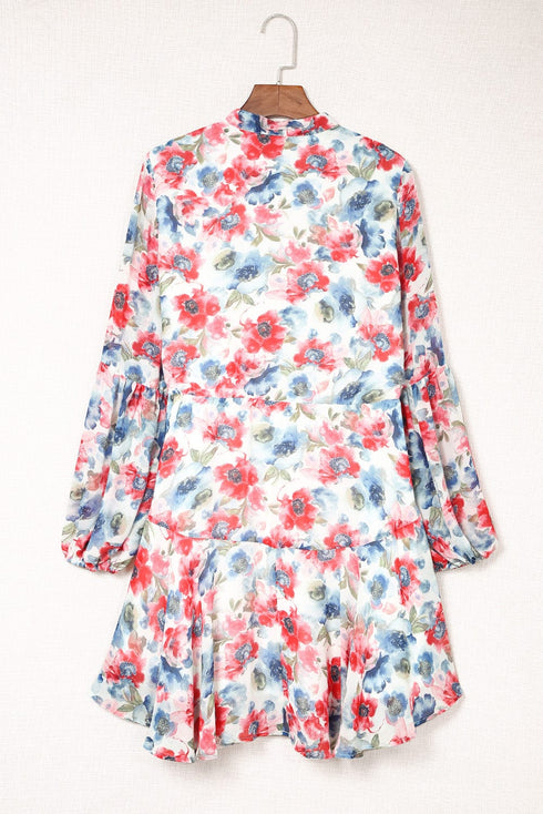 Sky Blue Vintage Floral Print Drawstring Flowy Mini Dress