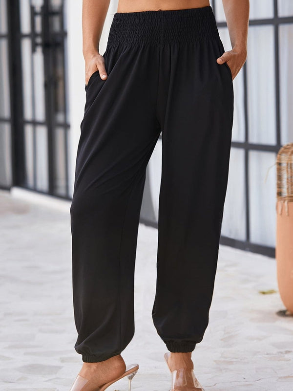 Sleek Black Smocked High Waist Jogger Pants