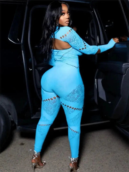 Sleek Cut Out Jumpsuit, Stylish Long Sleeve Slim Jumpsuit, Women's Apparel