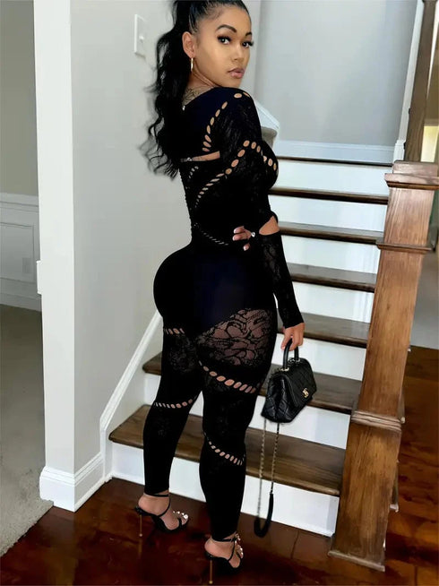 Sleek Cut Out Jumpsuit, Stylish Long Sleeve Slim Jumpsuit, Women's Apparel