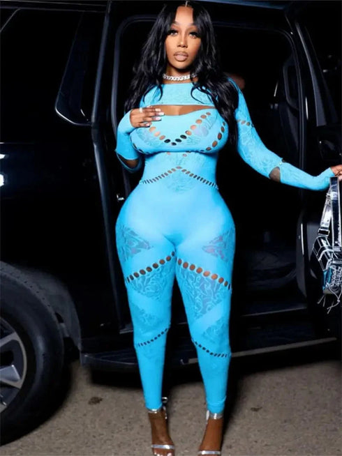 Sleek Cut Out Jumpsuit, Stylish Long Sleeve Slim Jumpsuit, Women's Apparel