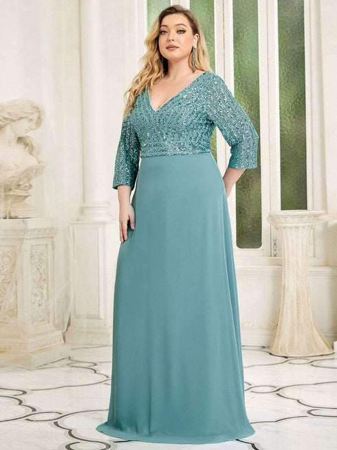 Sleek Plus Size V-Neck Sequin A-Line Formal Evening Gown with 3/4 Sleeves