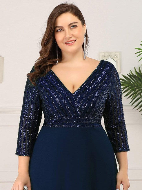 Sleek Plus Size V-Neck Sequin A-Line Formal Evening Gown with 3/4 Sleeves