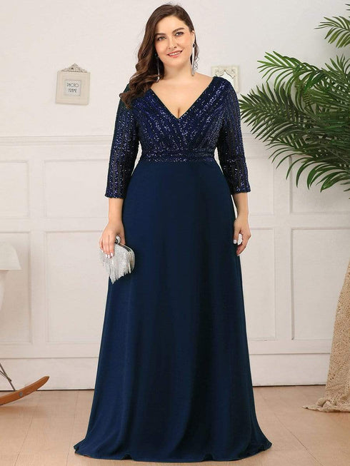 Sleek Plus Size V-Neck Sequin A-Line Formal Evening Gown with 3/4 Sleeves