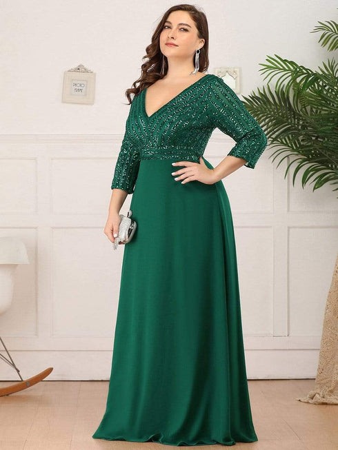 Sleek Plus Size V-Neck Sequin A-Line Formal Evening Gown with 3/4 Sleeves
