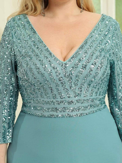 Sleek Plus Size V-Neck Sequin A-Line Formal Evening Gown with 3/4 Sleeves