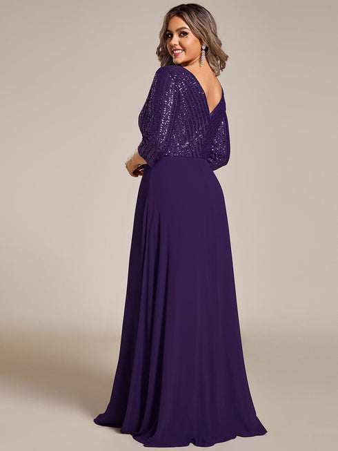 Sleek Plus Size V-Neck Sequin A-Line Formal Evening Gown with 3/4 Sleeves