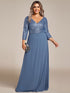 Sleek Plus Size V-Neck Sequin A-Line Formal Evening Gown with 3/4 Sleeves