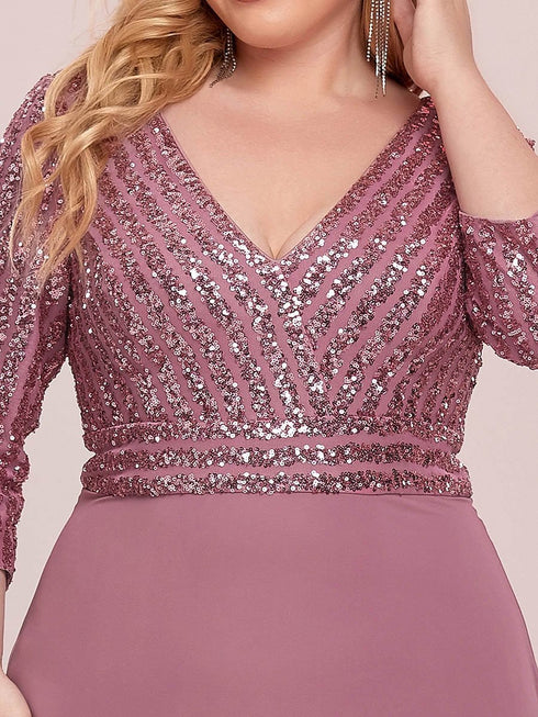 Sleek Plus Size V-Neck Sequin A-Line Formal Evening Gown with 3/4 Sleeves