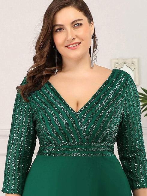 Sleek Plus Size V-Neck Sequin A-Line Formal Evening Gown with 3/4 Sleeves