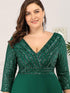 Sleek Plus Size V-Neck Sequin A-Line Formal Evening Gown with 3/4 Sleeves