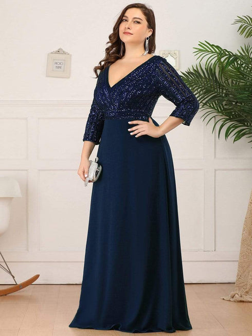 Sleek Plus Size V-Neck Sequin A-Line Formal Evening Gown with 3/4 Sleeves