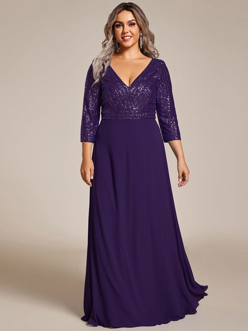 Sleek Plus Size V-Neck Sequin A-Line Formal Evening Gown with 3/4 Sleeves