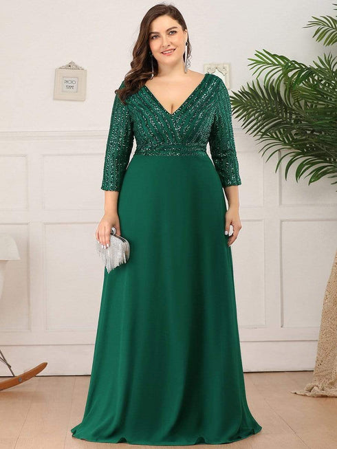 Sleek Plus Size V-Neck Sequin A-Line Formal Evening Gown with 3/4 Sleeves