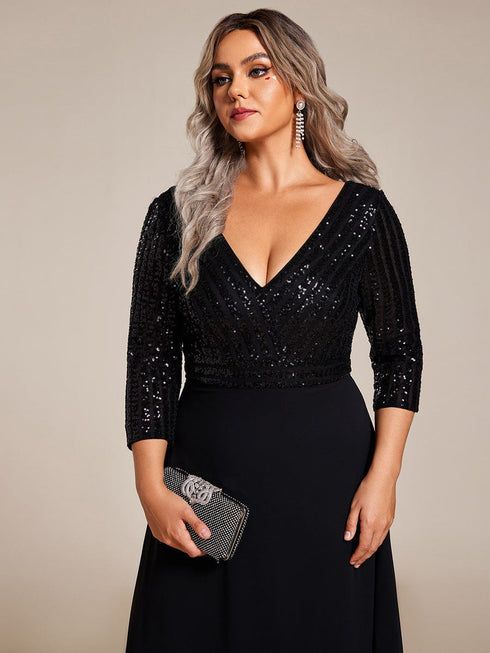 Sleek Plus Size V-Neck Sequin A-Line Formal Evening Gown with 3/4 Sleeves