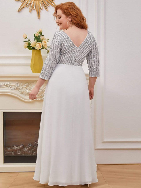 Sleek Plus Size V-Neck Sequin A-Line Formal Evening Gown with 3/4 Sleeves