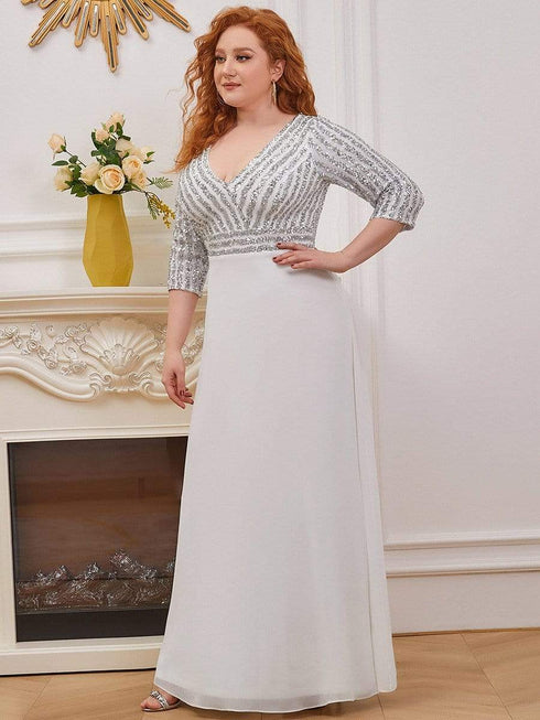 Sleek Plus Size V-Neck Sequin A-Line Formal Evening Gown with 3/4 Sleeves