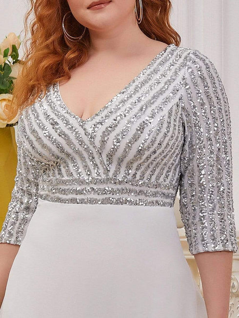 Sleek Plus Size V-Neck Sequin A-Line Formal Evening Gown with 3/4 Sleeves