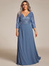 Sleek Plus Size V-Neck Sequin A-Line Formal Evening Gown with 3/4 Sleeves