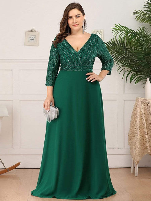 Sleek Plus Size V-Neck Sequin A-Line Formal Evening Gown with 3/4 Sleeves