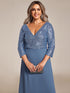 Sleek Plus Size V-Neck Sequin A-Line Formal Evening Gown with 3/4 Sleeves